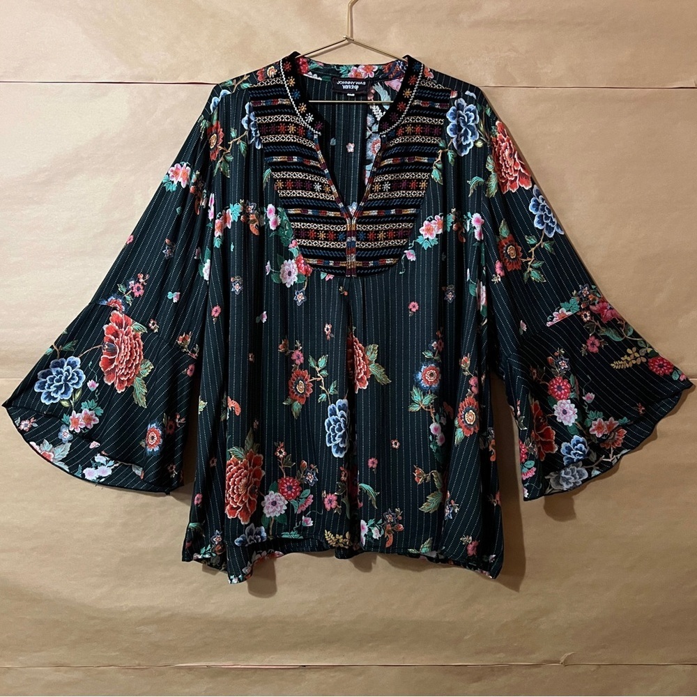 Johnny Was Spanish Steps Top Velvet Mix Flare Sleeve Blouse Embroidered Size 1X